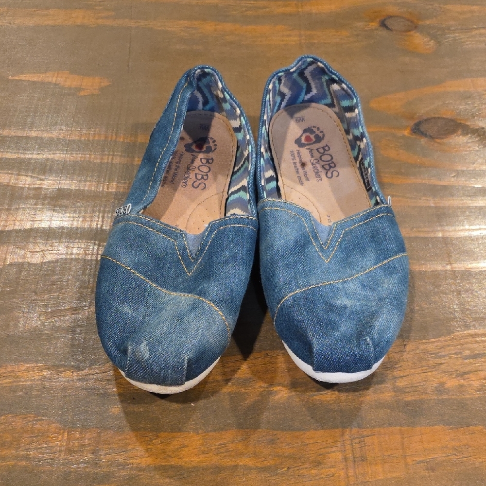 Skechers BOBS Denim Slip-On Flats in Dark Blue